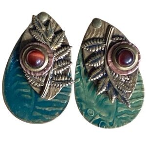 Vintage Artesian Mixed Metal Enamel Teardrop Earrings Leaf Design Clip On